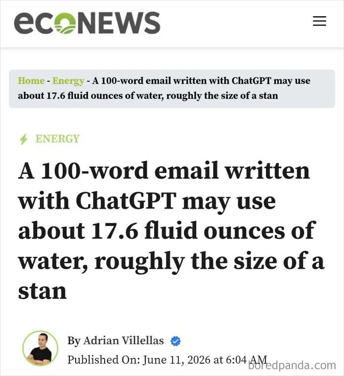 A news article measuring ChatGPT water usage in fluid ounces, showcasing funny posts about the metric system.