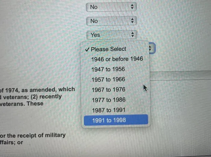 A website drop-down menu with overlapping date ranges, illustrating absurd products and moments.