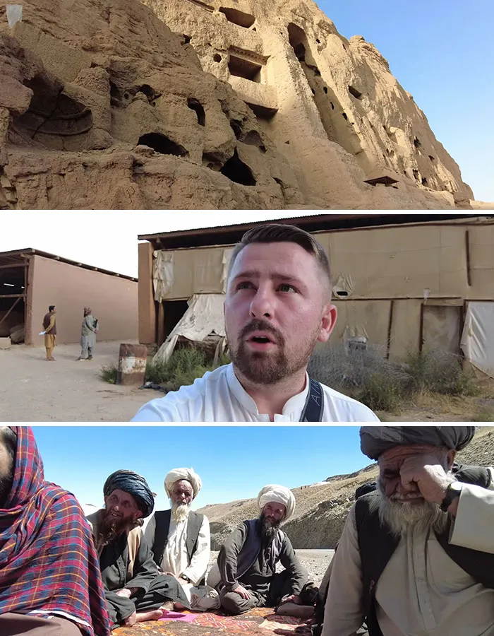 Rock-cut caves and local men in traditional attire from dark tourism travel