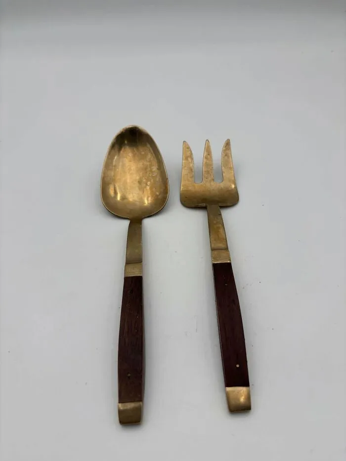 Antique brass serving spoon and fork with wooden handles thrift store find