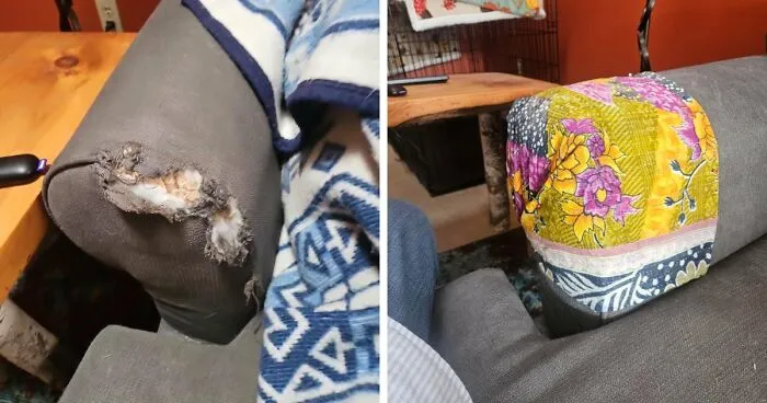 Before and after photos of a torn armchair armrest repaired with colorful fabric, showing creativity can save money.
