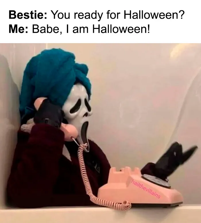 Ghostface wearing a hair towel on a pink phone, a humorous entry among Halloween memes.