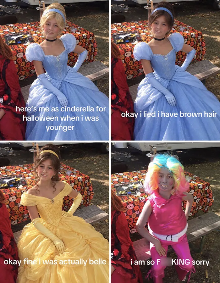 Four-panel I am So Sorry TikTok trend meme showing progressive photo edits of a young girl in a princess dress