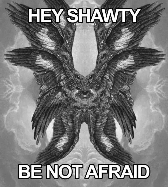 A biblical angel meme illustrating absurd internet posts with the caption Hey Shawty Be Not Afraid.