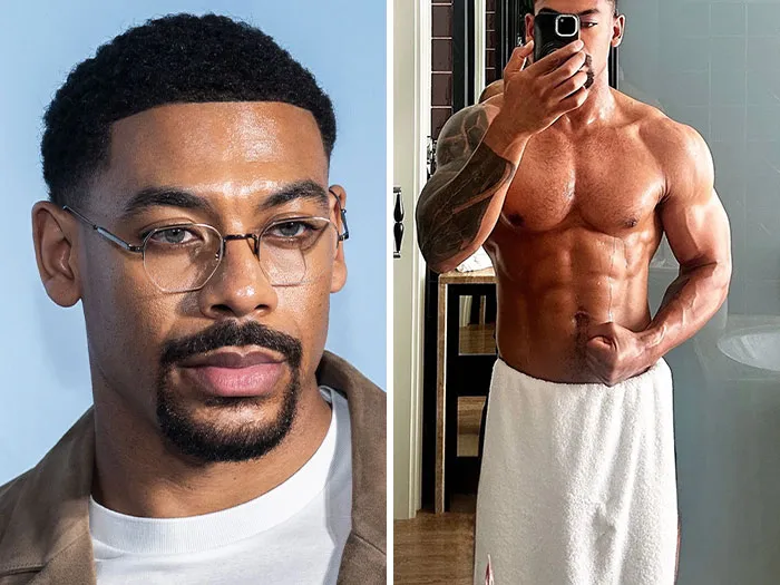 Aaron Pierre close-up and shirtless selfie, highlighted as a fan-favorite Hollywood Hunk.