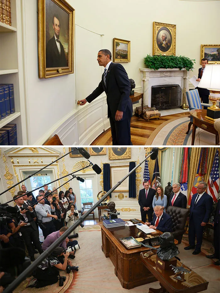 Side-by-side photos of Obama opening a hidden door and Trump signing papers surrounded by press in his Oval Office