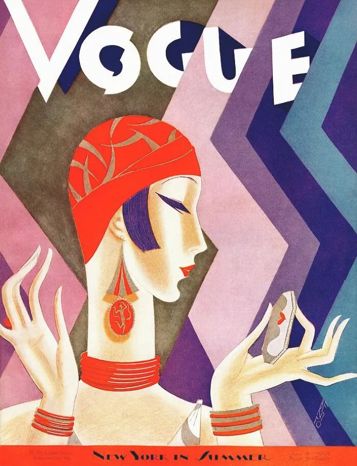 Art Deco vintage Vogue cover featuring an elegant fashion illustration of a woman holding a mirror in a red headscarf.