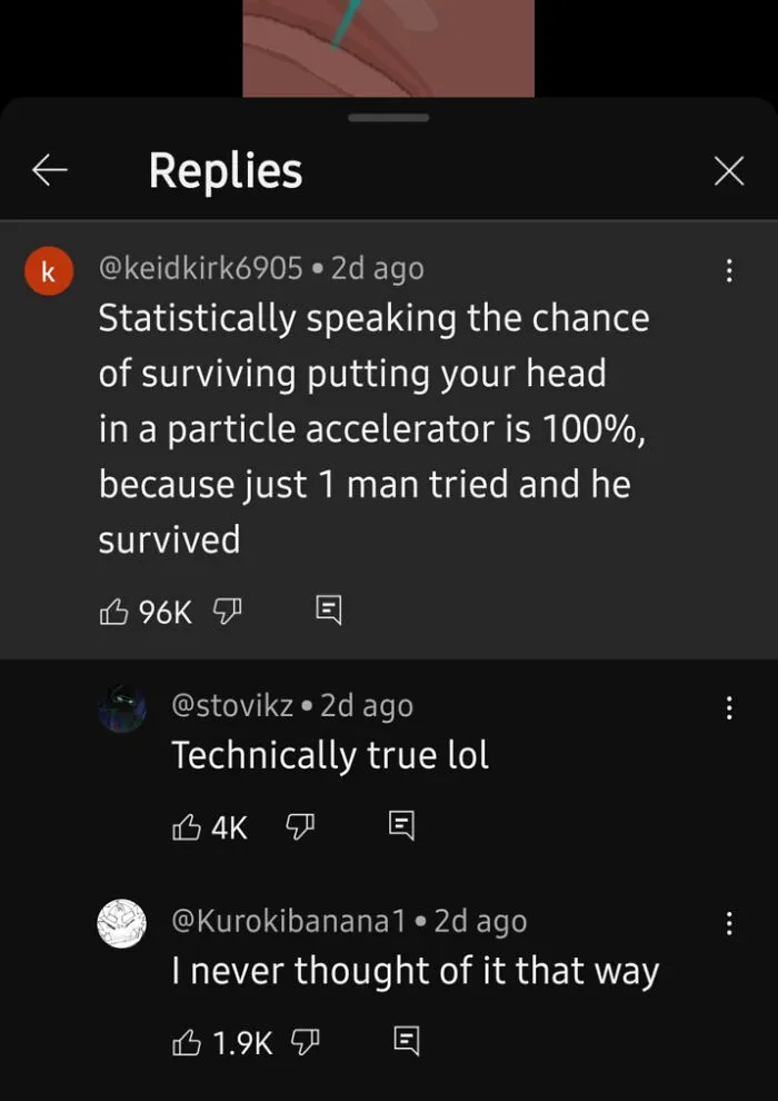 Social media comments on surviving putting head in particle accelerator meme