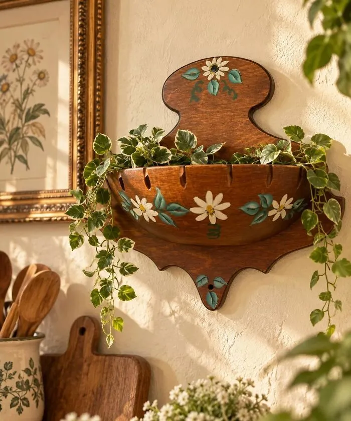 Wooden wall planter with hand-painted flowers and greenery thrift store find