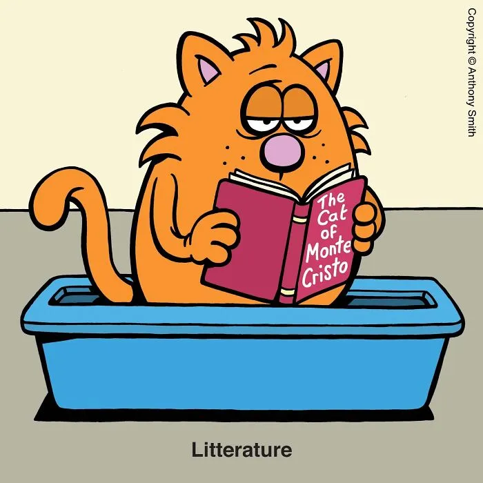Funny cat comics image of an orange cat sitting in a litter box reading a book titled The Cat of Monte Cristo.
