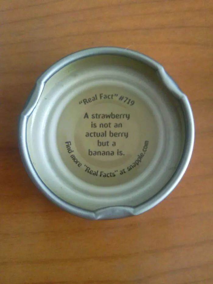 A bottle cap with misused quotation marks around the phrase Real Fact.