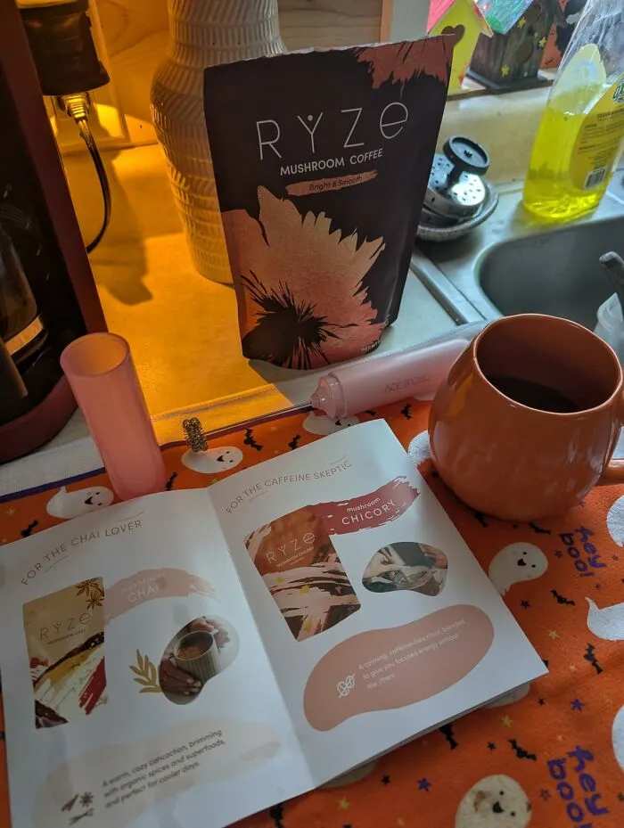 A bag of RYZE Mushroom Coffee next to a mug, great for Amazon Big Deal Days.