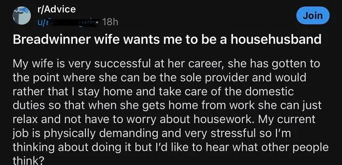 Advice post about a wife wanting husband to be a househusband