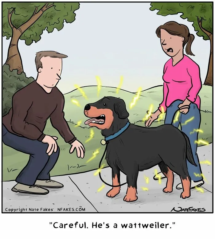 Comic with dog crackling with electricity called wattweiler in funny dog comic