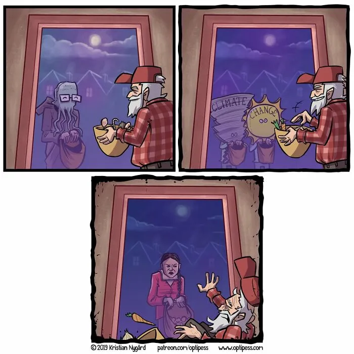 A dark humor comic by Kristian Nygård illustrating a man afraid of trick-or-treaters dressed up as climate change.