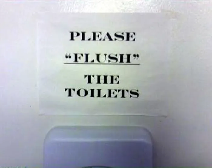 A sign on a wall reading Please Flush The Toilets, showcasing misused quotation marks around the word flush.