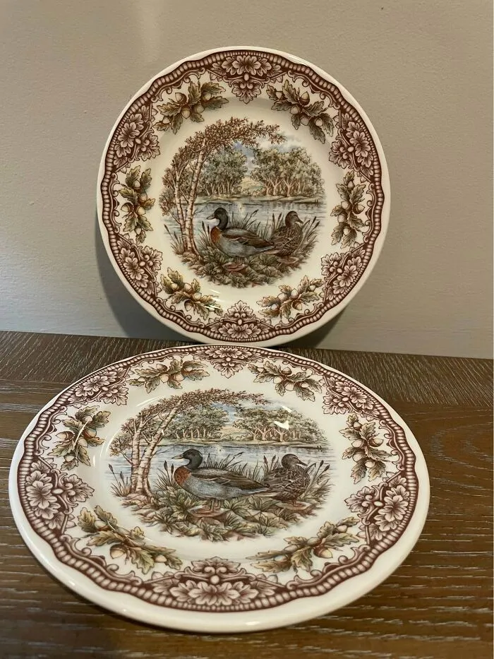Thrift store ceramic plates featuring ducks and brown floral border