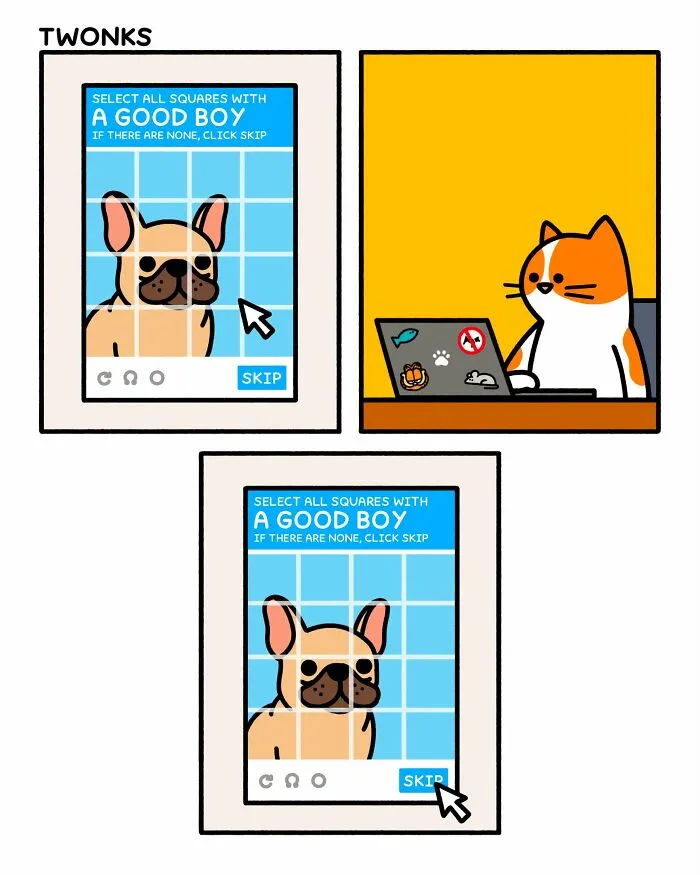 Funny comics featuring dogs being dogs: A cat skips a captcha asking to select all squares with a good boy.