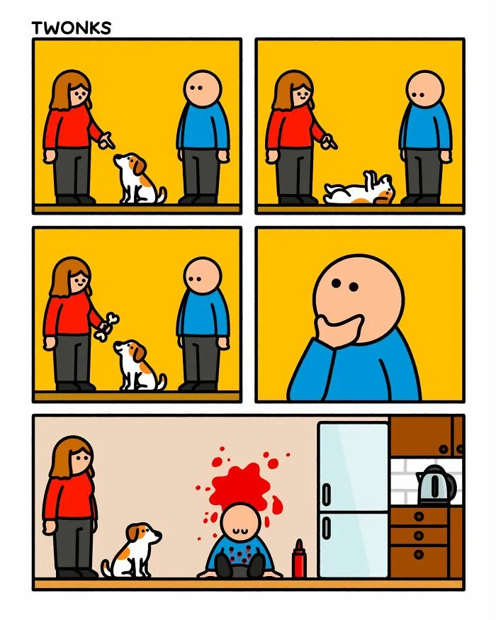 Funny comics of a dog playing dead with red ketchup on a man's head.