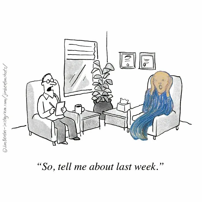 A funny cartoon by a cartoonist showing Edvard Munch's Scream figure sitting in a therapy session.