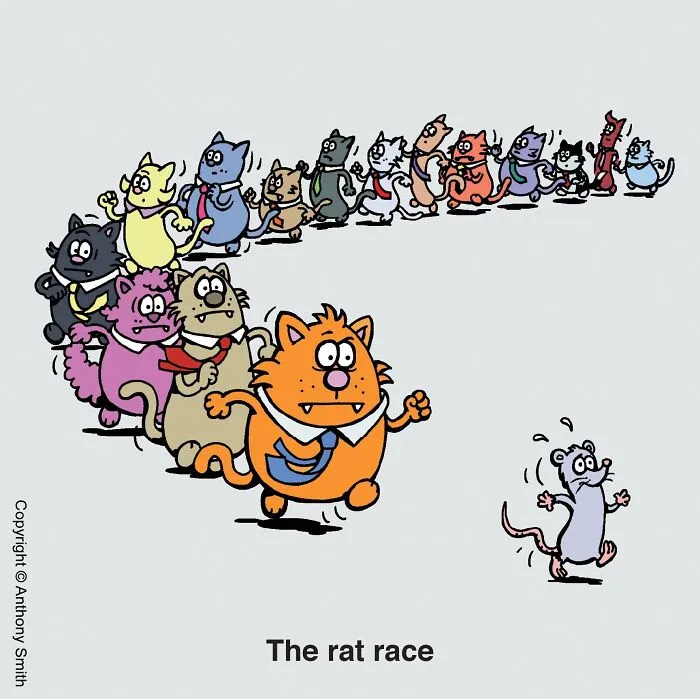 Funny cat comics illustration depicting business cats running in a line after a mouse, titled The Rat Race.