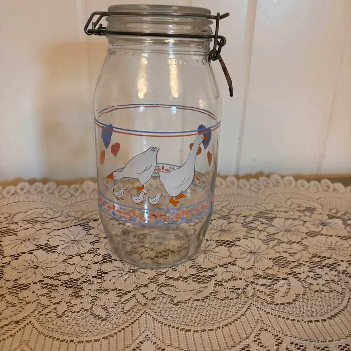 Vintage glass jar with duck family design and latch lid thrift find