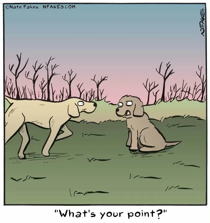 Dogs talking outdoors in a hilarious comic by Nate Fakes imagining life if dogs could talk
