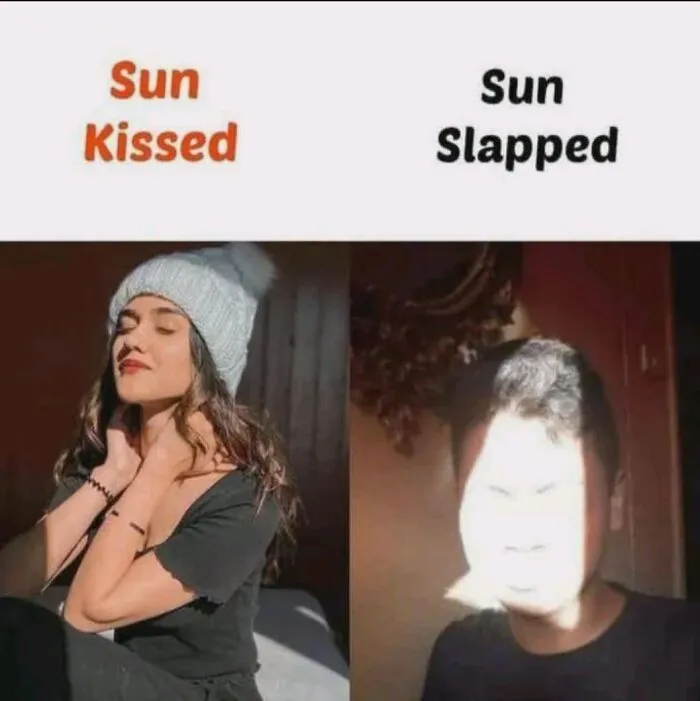 Wholesome memes comparison showing sun kissed soft light versus extremely bright sun slapped glare on faces