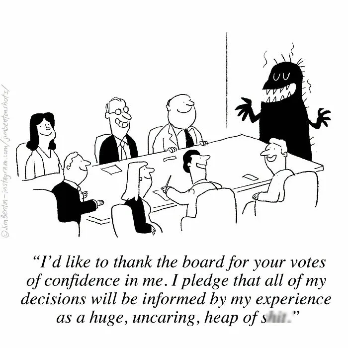 A humor cartoon by a cartoonist showing a spiky shadow monster addressing a corporate board meeting.