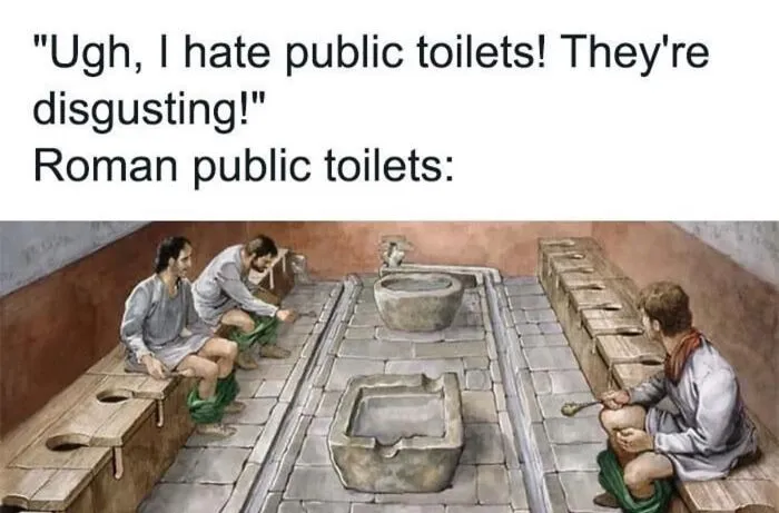 Illustration of Roman public toilets with people sitting side by side, humorous history meme