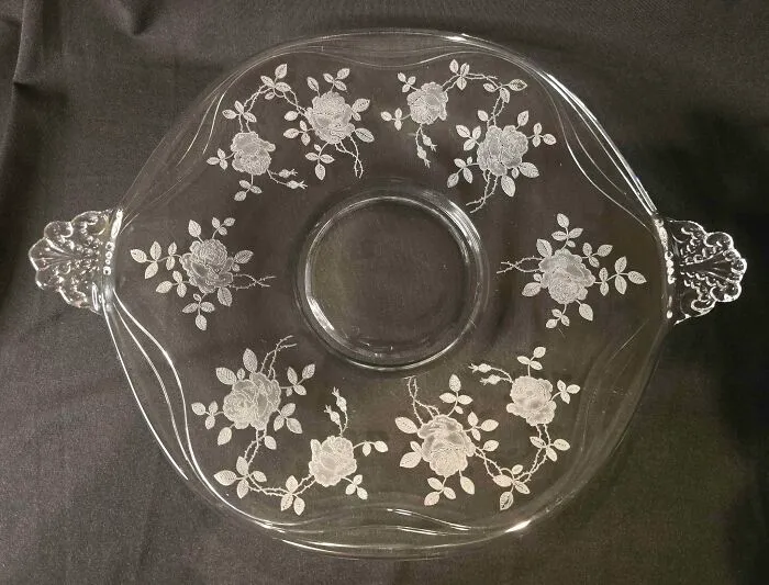 Vintage clear glass plate with floral engraving thrift store find