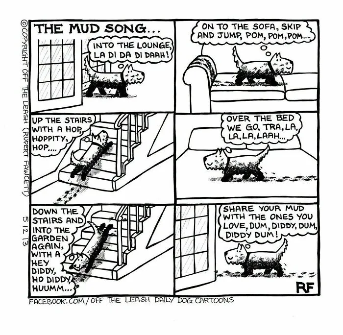 Off The Leash dog cartoon about a muddy dog running through the house singing The Mud Song.