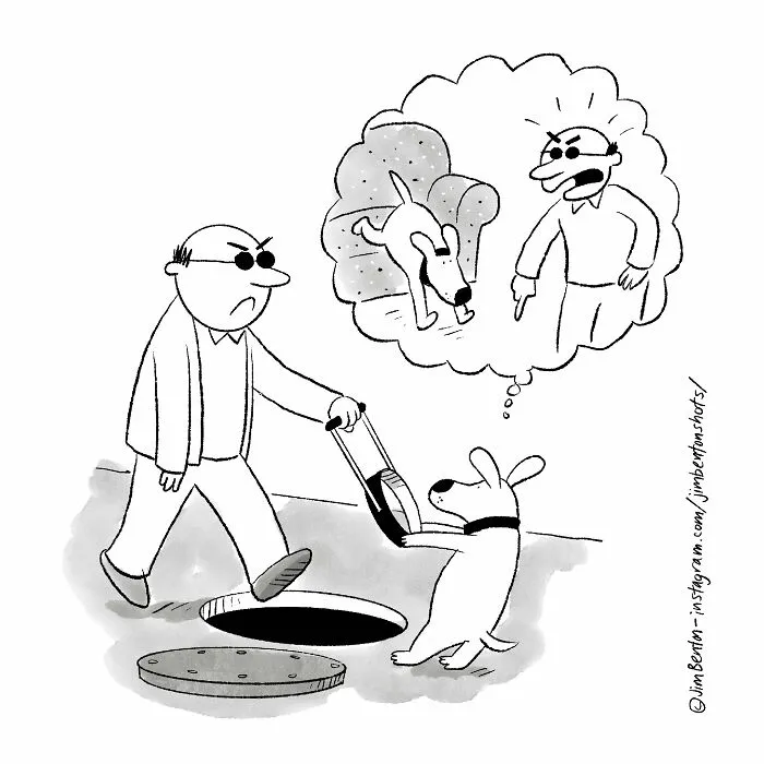 A cartoon by a cartoonist showing a guide dog leading an angry owner toward an open manhole in revenge.