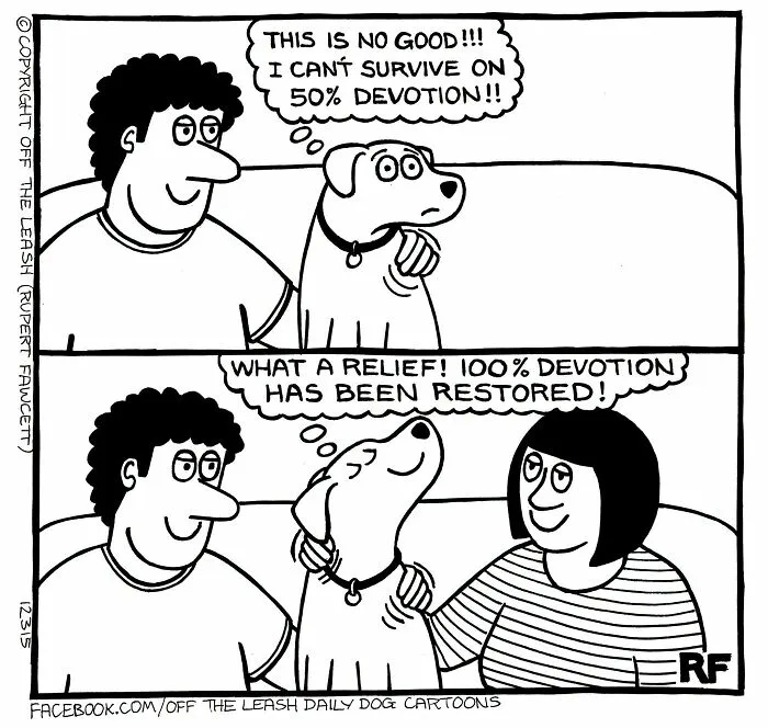 Rupert Fawcett dog cartoon depicting a dog demanding full affection from both owners on the couch.