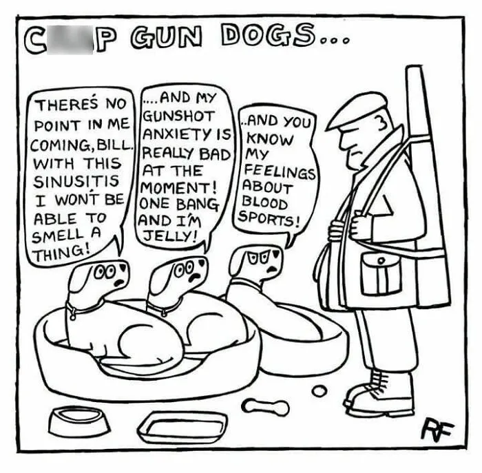 Funny dog cartoon of three hunting dogs sitting in beds giving excuses to their owner.