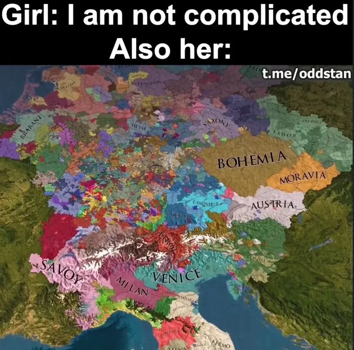 Complex political map with diverse regions like Bohemia and Venice, illustrating history meme complexity
