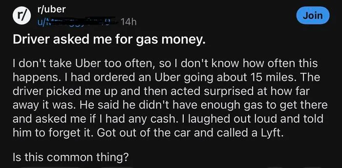 Reddit post about Uber driver asking passenger for gas money during ride