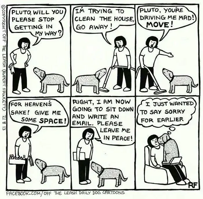 Funny Off The Leash dog cartoons comic panel showing a dog bothering its owner doing house chores.