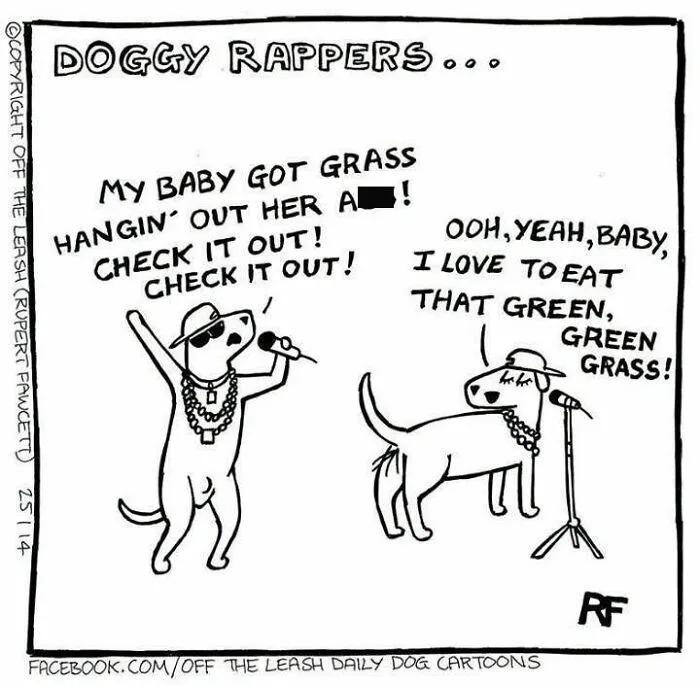 Funny dog cartoon featuring two dogs dressed as rappers holding microphones and singing.