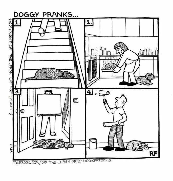 Funny Off The Leash dog cartoons panel depicting four doggy pranks played on owners.