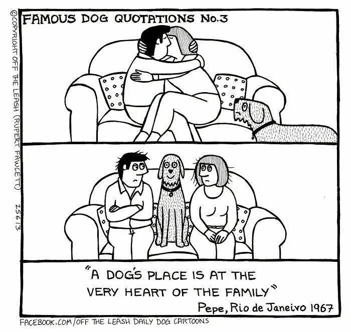 Rupert Fawcett dog cartoon showing a dog sitting between a couple on a couch to be at the heart of the family.