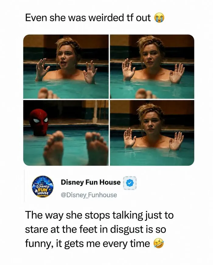 Pop culture meme of woman in pool reacting to Spider-Man's feet, funny celebrity moment