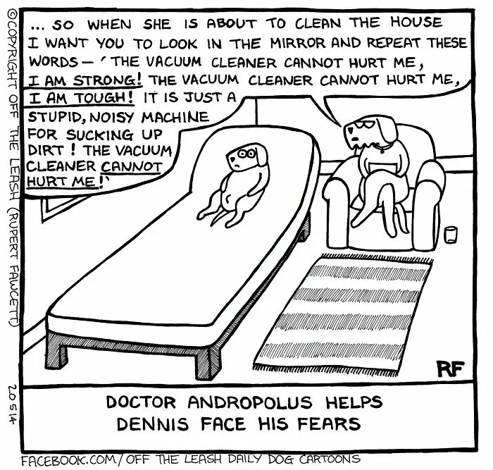 Off The Leash dog cartoon depicting a small dog lying on a couch talking to a therapist dog about vacuum fears.