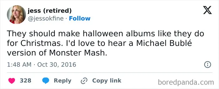 Humorous social media post proposing holiday albums for spooky season music.