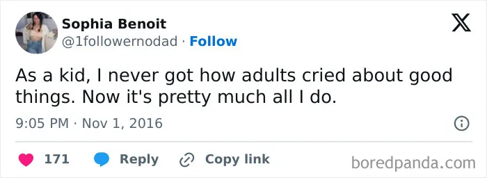Adulting tweet about crying over good things as an adult meme