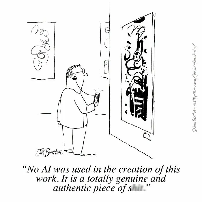 A comic cartoon by a cartoonist depicting a man at an art gallery listening to an audio guide about non-AI art.