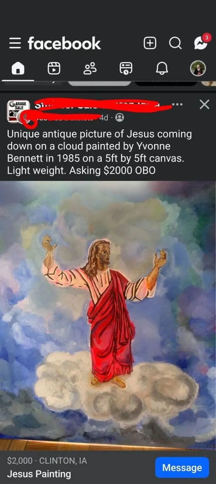 A humorous Facebook post selling a quirky, amateur Jesus painting on a cloud, ideal for hilarious crafts.