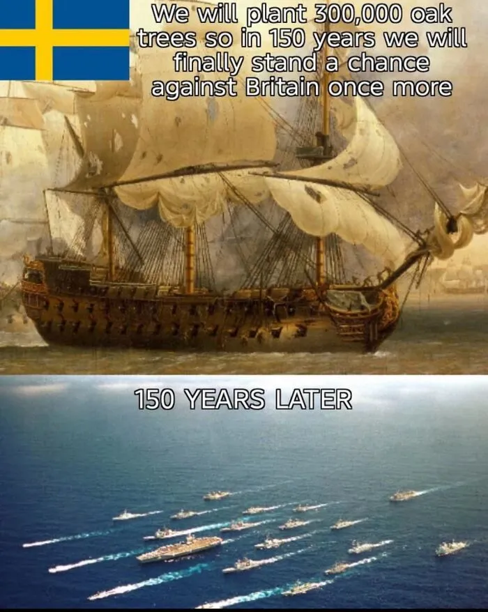 Swedish ship meme about planting trees to compete with Britain 150 years later naval fleet