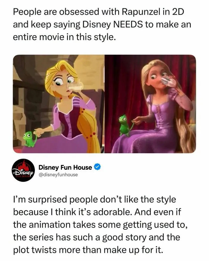2D Rapunzel animation style compared to modern 3D Disney version