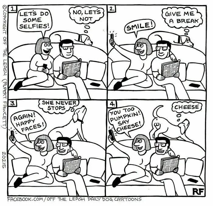 Off The Leash dog cartoon illustrating a couple taking selfies while their pet dog looks annoyed on the couch